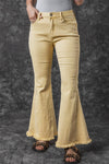 Khaki Raw Edge Mid Waist Flared Jeans-Bottoms-MomFashion