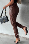 Brown Smocked High-Waist Leather Skinny Pants-Bottoms-MomFashion