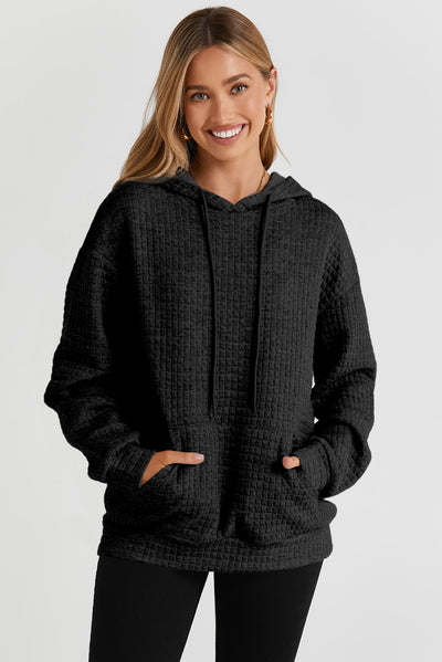 Black Quilted Kangaroo Pocket Drawstring Hoodie-Tops-MomFashion