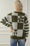 Green Checkered Floral Print Striped Sleeve Sweater-Tops-MomFashion