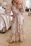 Leopard Surplice Neck Bubble Sleeve Maxi Dress with Sash-Dresses-MomFashion