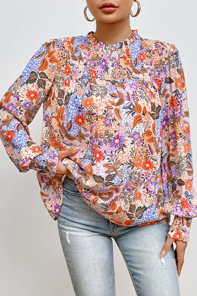 Multicolour Floral Bishop Sleeve Frilled Round Neck Blouse-Tops-MomFashion