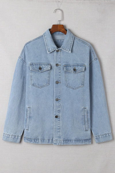 Sky Blue Acid Wash Flap Pocket Boyfriend Shacket-Outerwear-MomFashion