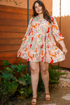 Multicolour Plus Size Mix Floral Puff Sleeve Ruffled Dress-Plus Size-MomFashion