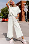 White Textured Loose Fit T Shirt and Drawstring Pants Set-Loungewear-MomFashion