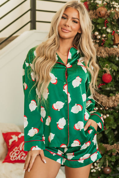 Green Christmas Santa Claus Print Satin Shirt and Shorts Set-Loungewear & Sleepwear/Sleepwear-MomFashion