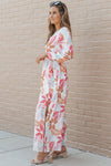 Tropical Plant Print Long Sleeve Wrap V-Neck Slit Maxi Dress-Dresses-MomFashion