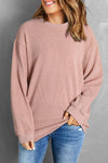 Pink Solid Ribbed Knit Round Neck Pullover Sweatshirt-Tops-MomFashion