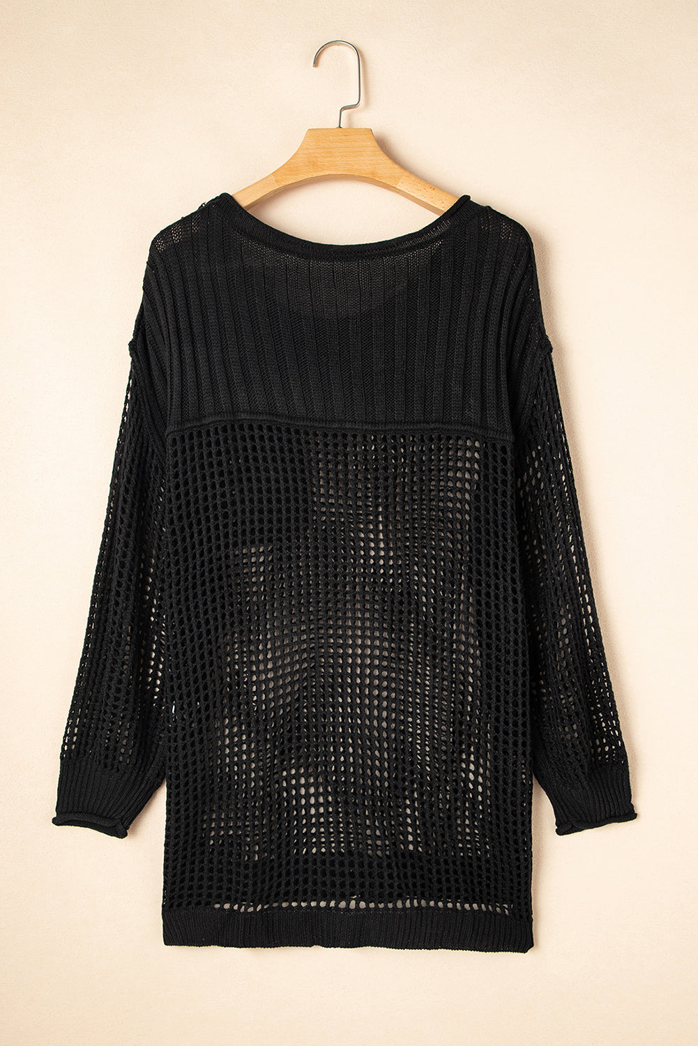 Black Fishnet Hollow-out Long Sleeve Beach Cover up-Swimwear-MomFashion