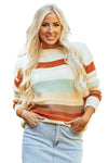 Crew Neck Drop-shoulder Striped Color Block Sweater-Tops-MomFashion