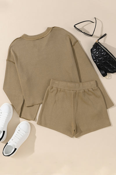 Khaki Exposed Seam Textured Long Sleeve Top Shorts Set-Loungewear-MomFashion