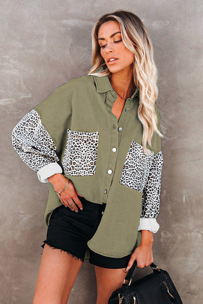 Contrast Leopard Denim Jacket-Outerwear-MomFashion