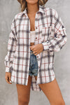 White Oversized Plaid Pattern Shacket with Slits-Outerwear-MomFashion