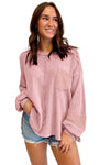 Pink Exposed Seam Patchwork Bubble Sleeve Waffle Knit Top-Tops-MomFashion