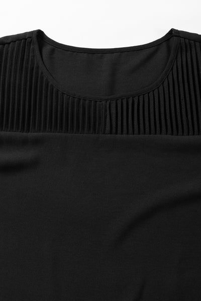 Black Roll Up Sleeve Stitching Detail Blouse-Tops-MomFashion