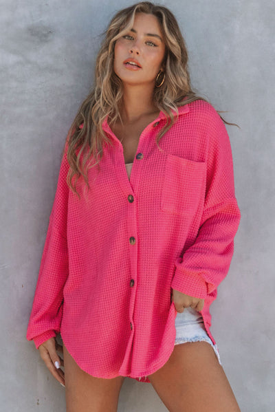 Pink Waffle Knit Button Up Casual Shirt-Tops-MomFashion