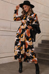 Orange Floral Print Tie Neck Long Sleeve Dress-Dresses-MomFashion