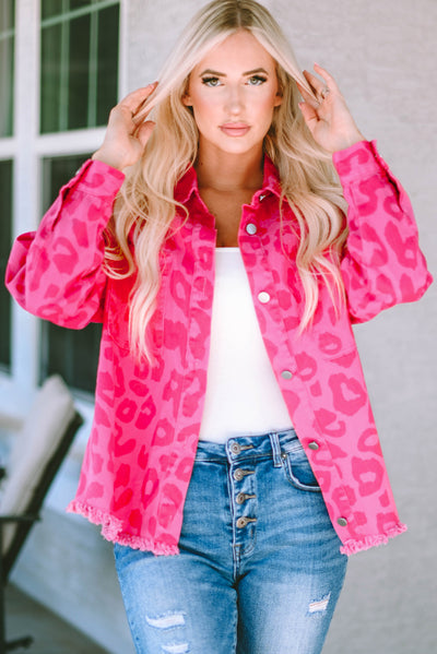 Pink Leopard Print Button Cuffs Raw Hem Jacket-Outerwear-MomFashion