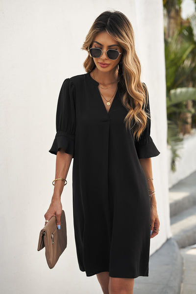 Black Ruffled Sleeve Shift Dress-Dresses-MomFashion