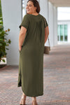 Green Plus Size V Neck Rolled Cuffs Maxi Dress-Plus Size-MomFashion