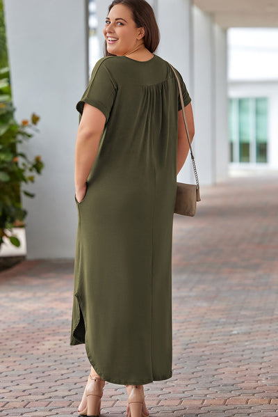 Green Plus Size V Neck Rolled Cuffs Maxi Dress-Plus Size-MomFashion