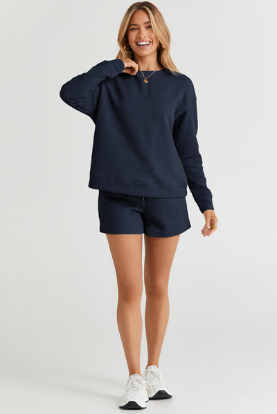 Navy Blue Textured Long Sleeve Top and Drawstring Shorts Set-Loungewear-MomFashion