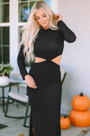 Black Ribbed Twist Cutout Long Sleeve Dress-Dresses-MomFashion