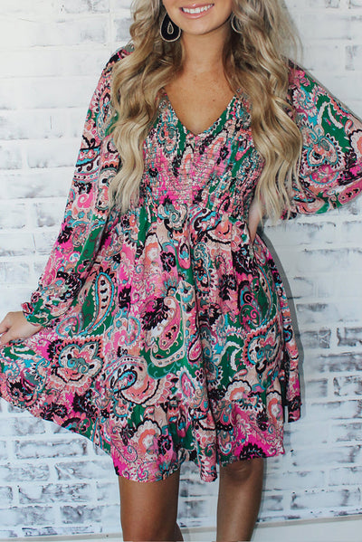 Boho Paisley Print Ruffle Hem Dress-Dresses-MomFashion