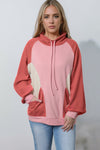 Pink Drawstring Pullover Pocketed Colorblock Sweatshirt-Tops-MomFashion