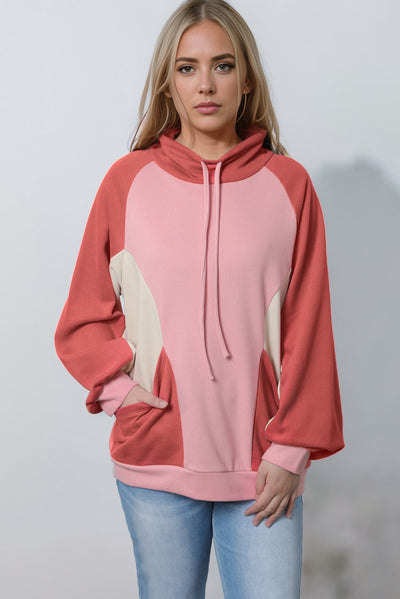 Pink Drawstring Pullover Pocketed Colorblock Sweatshirt-Tops-MomFashion