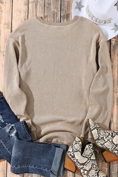 Khaki Solid Ribbed Knit Round Neck Pullover Sweatshirt-Tops-MomFashion