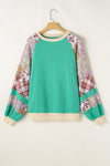 Sky Blue Plus Size Plaid Floral Patchwork Raglan Sleeve Sweatshirt-Plus Size/Plus Size Sweatshirts & Hoodies-MomFashion