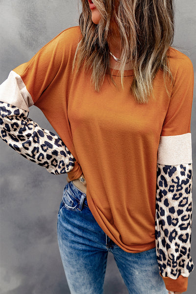 Brown Leopard Sequin Patchwork Long Sleeve Top-Tops-MomFashion