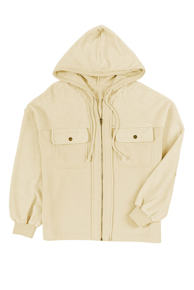 Apricot Flap Pocket Drawstring Hood Zip Up Jacket-Outerwear-MomFashion