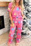 Rose Christmas Tree Print V Neck Tee and Pants Lounge Set-Loungewear & Sleepwear/Loungewear-MomFashion