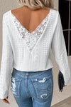 White Floral Lace Splicing Eyelet Long Sleeve Top-Tops-MomFashion