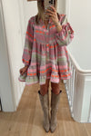 Multicolour Boho Print Puff Sleeve Buttoned Babydoll Dress-Dresses-MomFashion