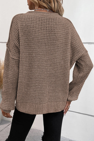 Khaki Pointelle Knit Button V Neck Drop Shoulder Sweater-Tops-MomFashion