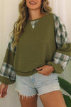 Green Plaid Patch Waffle Knit Exposed Seam Bubble Sleeve Top-Tops-MomFashion