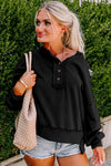 Black Drop Shoulder Henley Buttons Sweatshirt-Tops-MomFashion