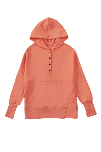 Orange Batwing Sleeve Pocketed Henley Hoodie-Tops-MomFashion