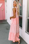 Pink Abstract Print Split Neck Sleeveless Maxi Dress-Dresses-MomFashion