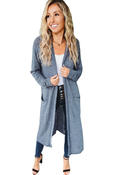 Blue Slub Knit Pocketed Open Front Maxi Cardigan-Tops-MomFashion