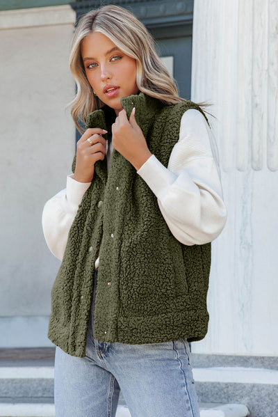 Green Snap Button Pocketed Sherpa Vest Jacket-Outerwear-MomFashion