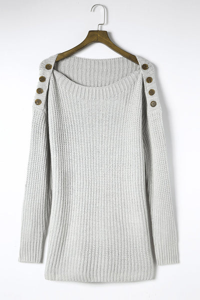 Gray Buttoned Drop Shoulder Oversized Sweater-Tops-MomFashion