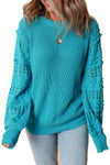 Turquoise Ruffled Eyelet Bubble Sleeve Sweater-Sweaters & Cardigans/Sweaters-MomFashion