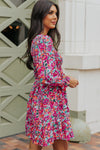 Purple Smocked V Neck Puffy Sleeve Floral Dress-Dresses-MomFashion