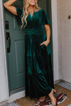 Evergreen Velvet Short Sleeve Shirred Waist Tiered Maxi Dress-Dresses/Maxi Dresses-MomFashion