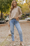 Light French Beige Lace Patch Sleeve Waffle Knit Top-Tops-MomFashion