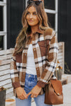 Brown Pocketed Buttoned Plaid Shirt Jacket-Outerwear-MomFashion